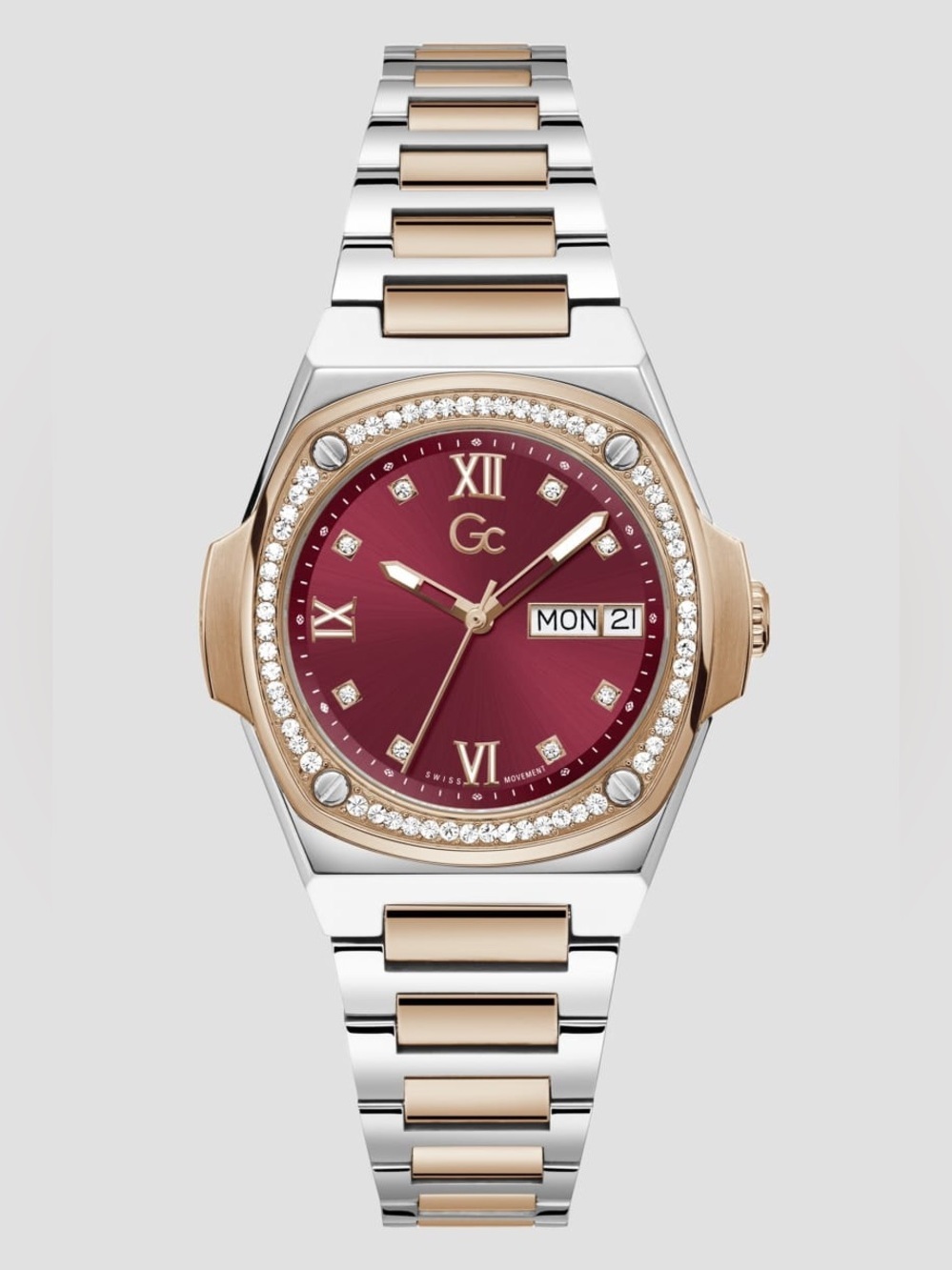 New Gc Two-Tone Bracelet Watch with Burgundy Dial